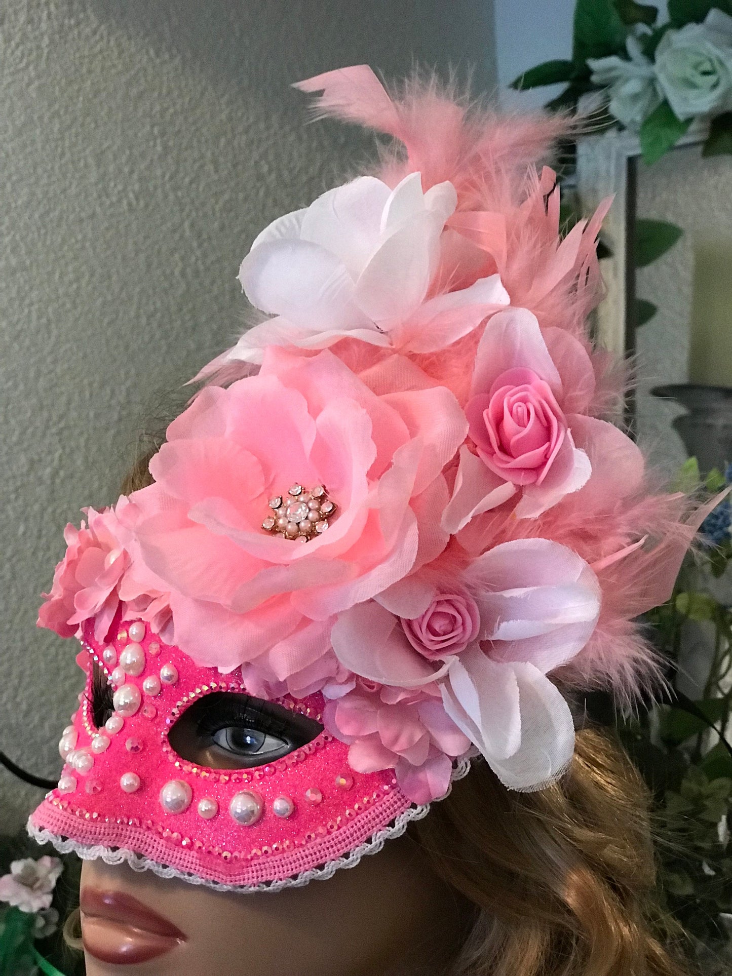 Pink Masquerade Mask: Handmade Rhinestone & Rose Party Mask