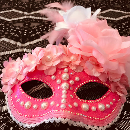 Pink Masquerade Mask: Handmade Rhinestone & Rose Party Mask