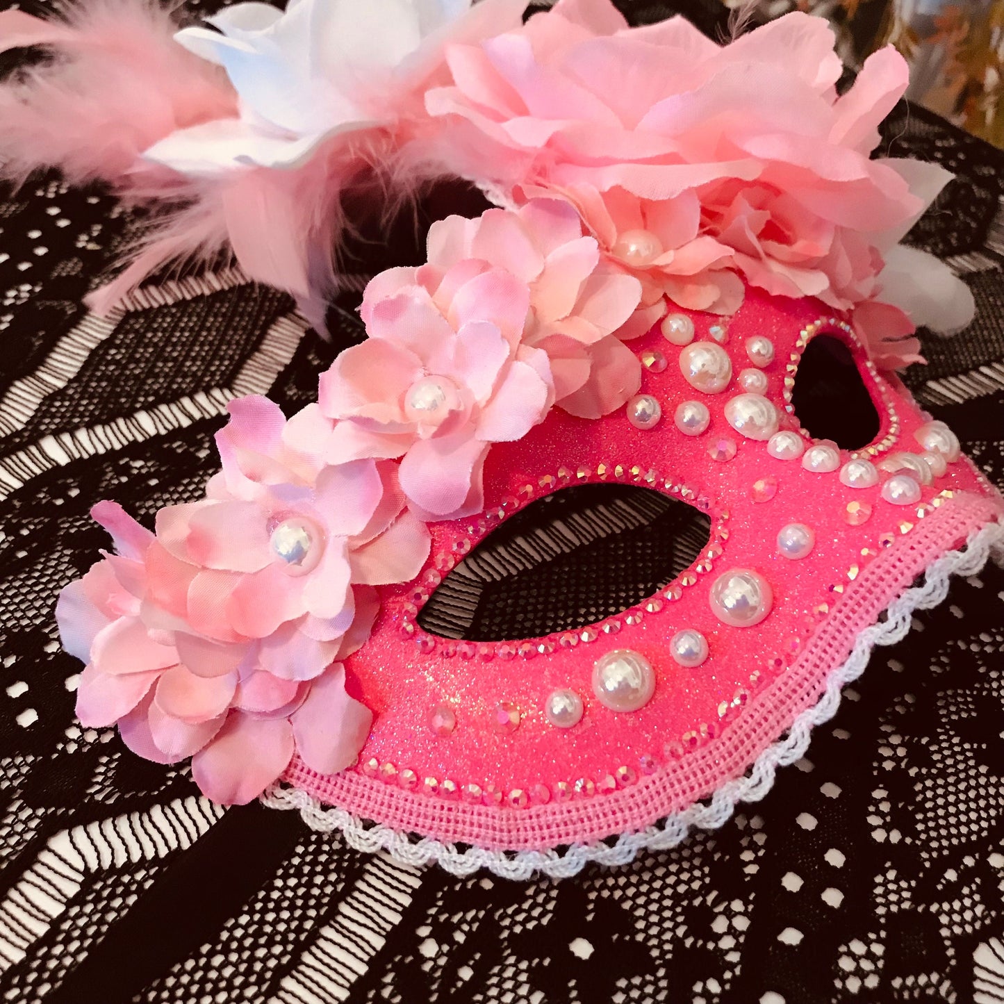 Pink Masquerade Mask: Handmade Rhinestone & Rose Party Mask