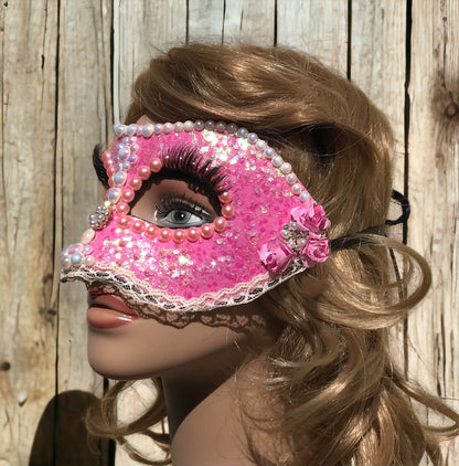 Pink Masquerade Mask: Handmade Pearl & Rose Party Mask