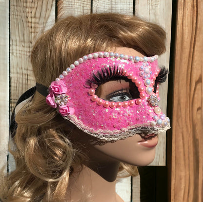 Pink Masquerade Mask: Handmade Pearl & Rose Party Mask