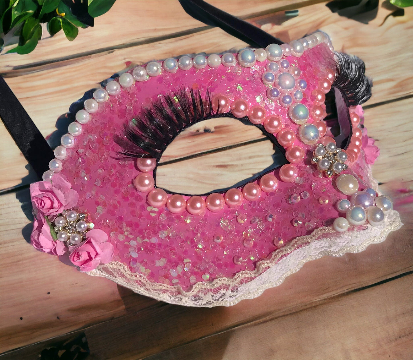 Pink Masquerade Mask: Handmade Pearl & Rose Party Mask