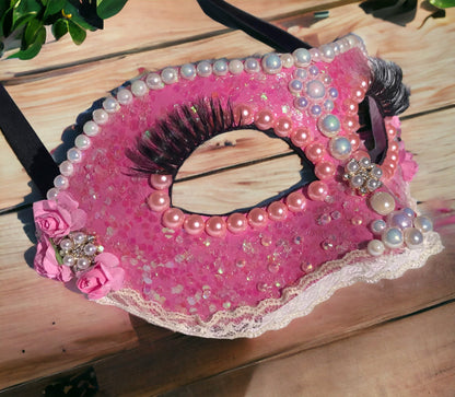 Pink Masquerade Mask: Handmade Pearl & Rose Party Mask