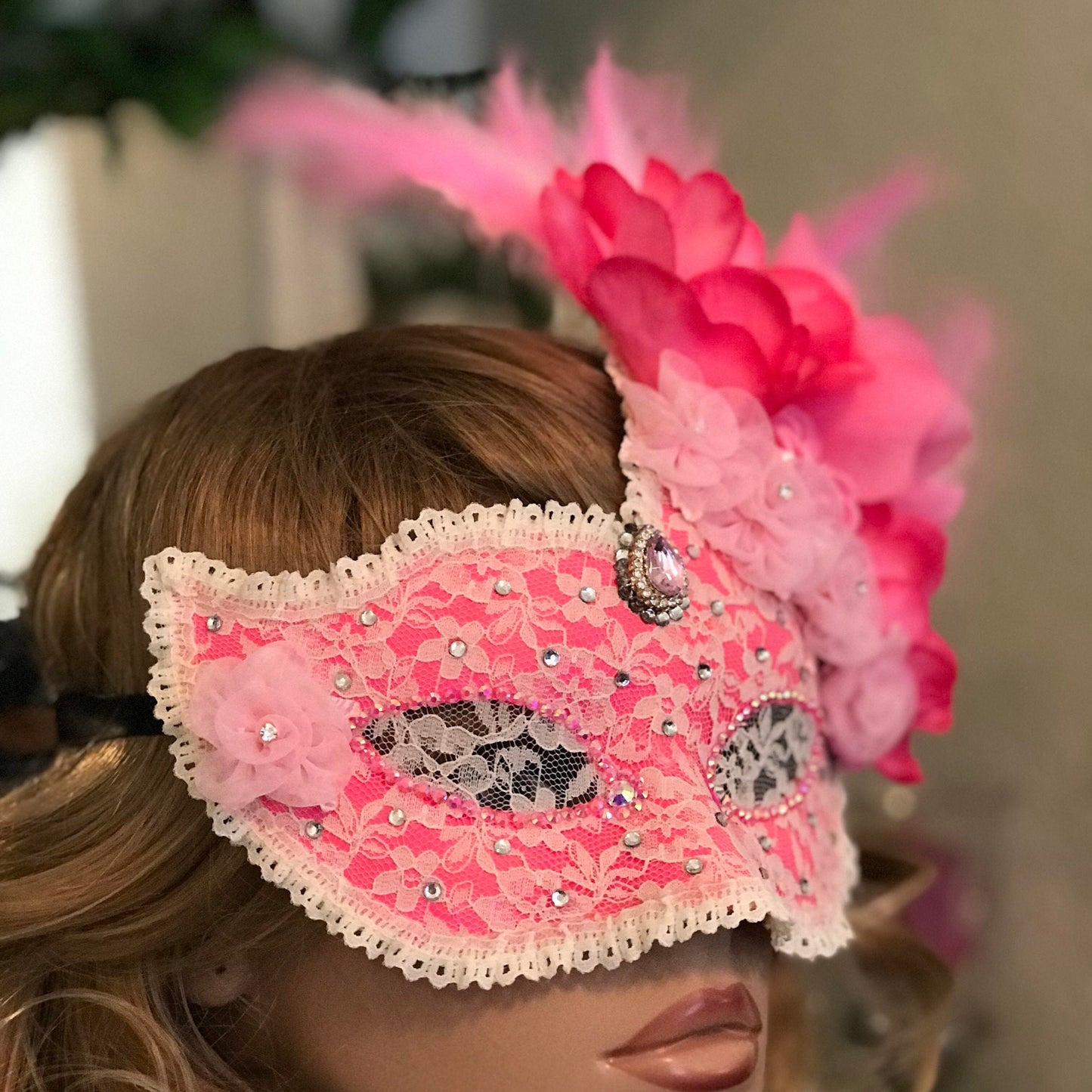 Pink Masquerade Mask: Handmade Lace Mask with Flowers & Rhinestones