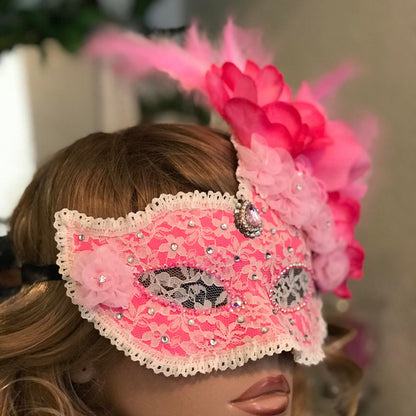 Pink Masquerade Mask: Handmade Lace Mask with Flowers & Rhinestones