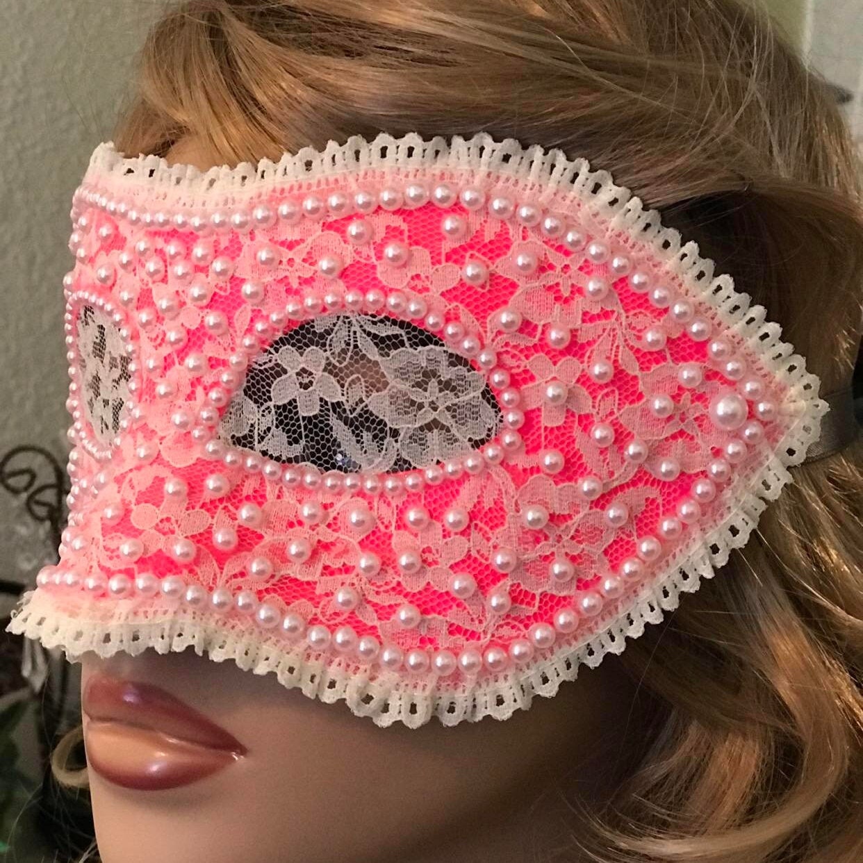Pink Lace Masquerade Mask: Handmade Faux Pearl Party Mask