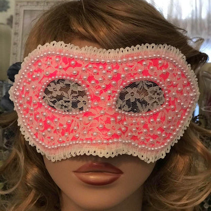 Pink Lace Masquerade Mask: Handmade Faux Pearl Party Mask