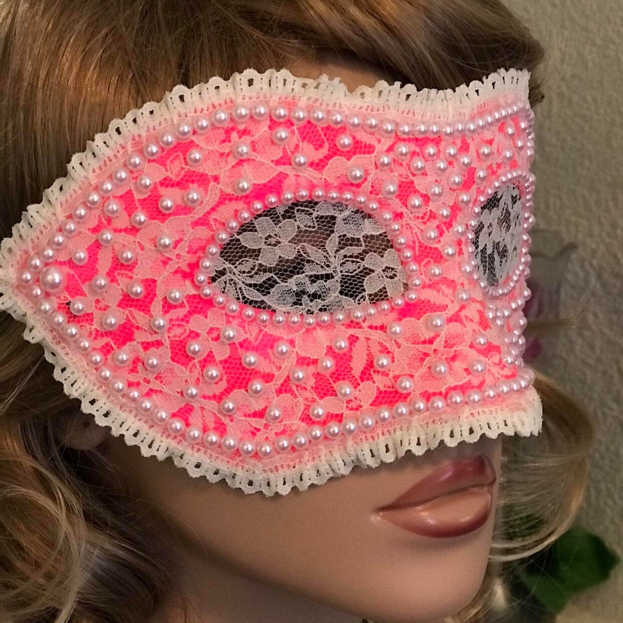 Pink Lace Masquerade Mask: Handmade Faux Pearl Party Mask