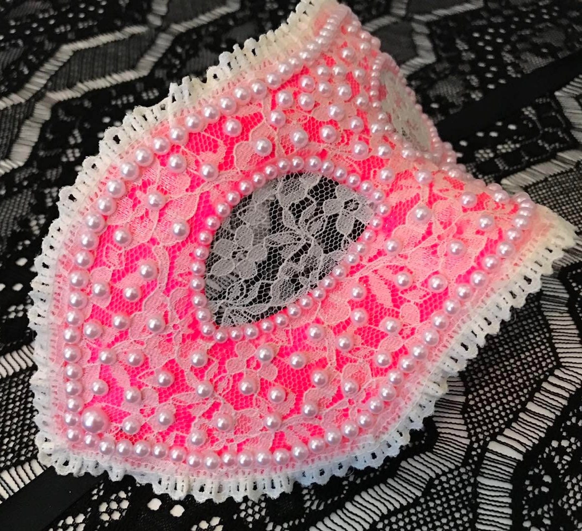 Pink Lace Masquerade Mask: Handmade Faux Pearl Party Mask