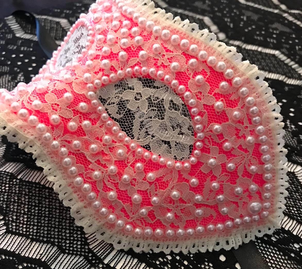 Pink Lace Masquerade Mask: Handmade Faux Pearl Party Mask