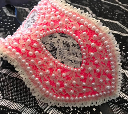 Pink Lace Masquerade Mask: Handmade Faux Pearl Party Mask