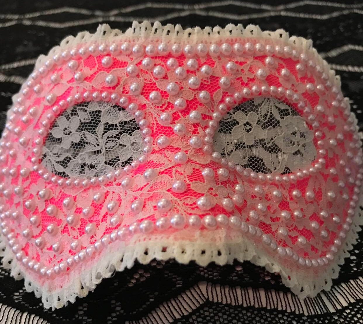 Pink Lace Masquerade Mask: Handmade Faux Pearl Party Mask
