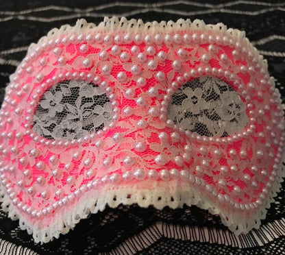Pink Lace Masquerade Mask: Handmade Faux Pearl Party Mask