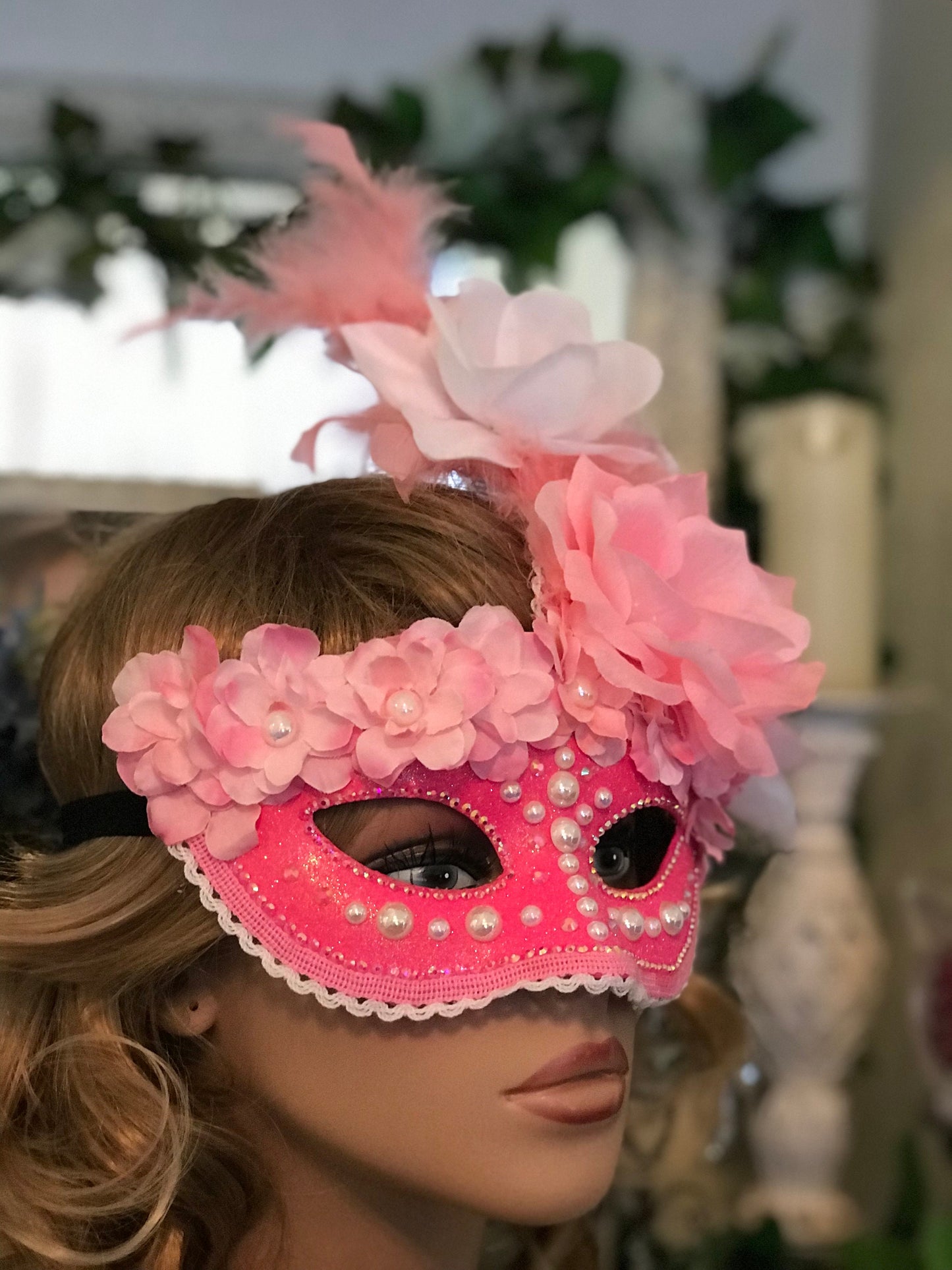 Pink Masquerade Mask: Handmade Rhinestone & Rose Party Mask