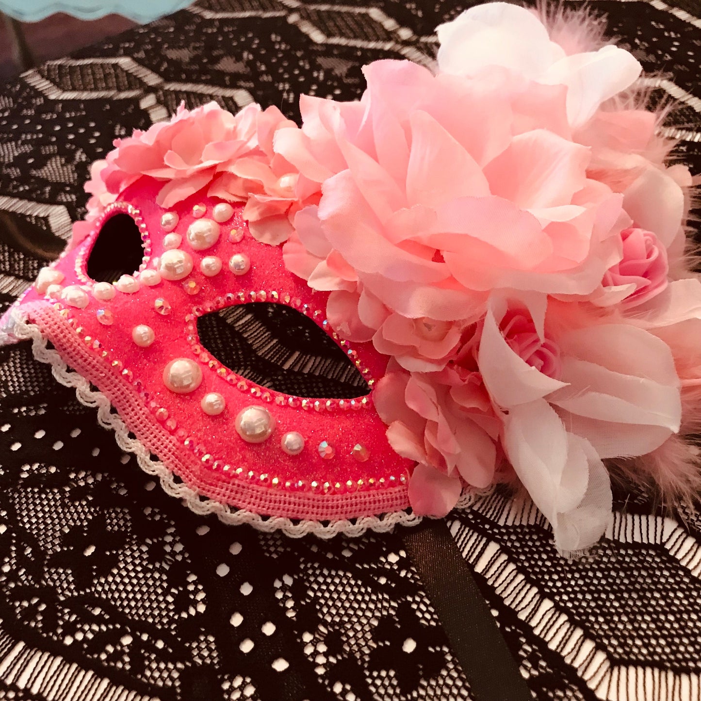 Pink Masquerade Mask: Handmade Rhinestone & Rose Party Mask