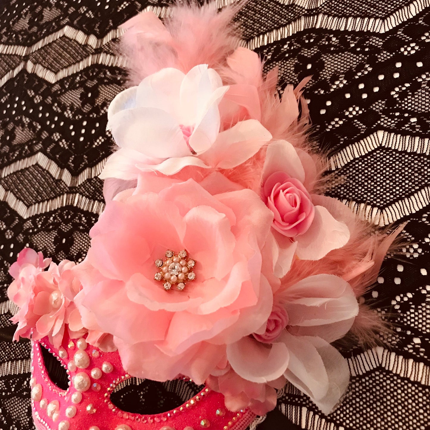 Pink Masquerade Mask: Handmade Rhinestone & Rose Party Mask