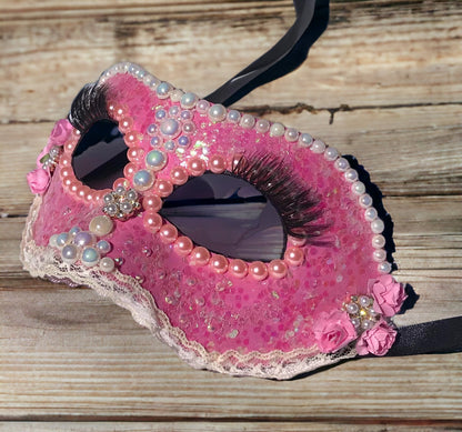 Pink Masquerade Mask: Handmade Pearl & Rose Party Mask