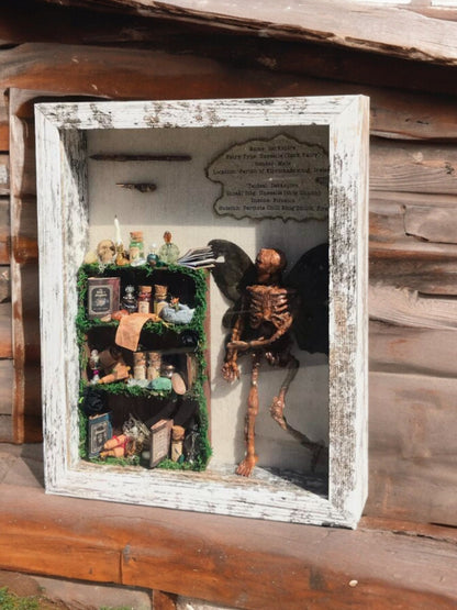 Mummified Dead Male Dark Fairy, Shadowbox, fairycore, oddities,goblincore, taxidermy