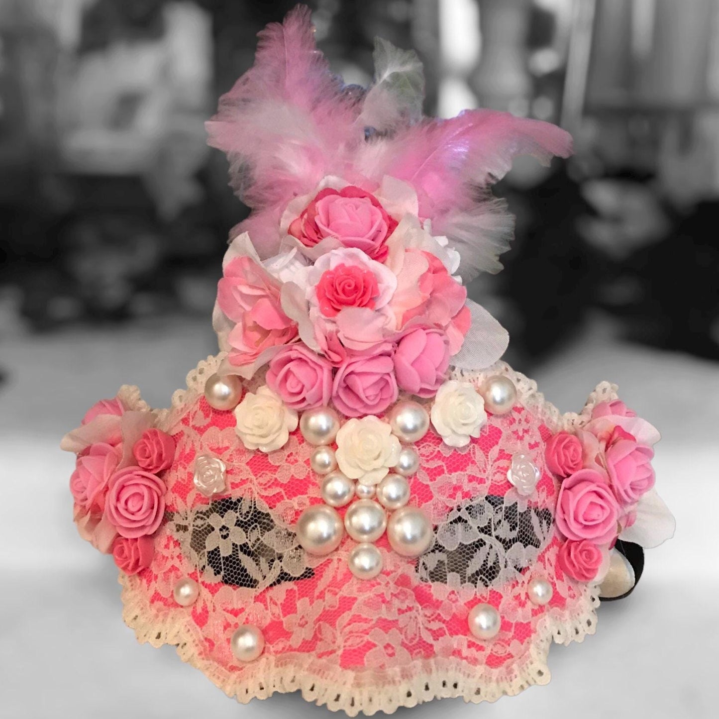 Pink Rose Masquerade Mask: Handmade Party Mask with Faux Pearls