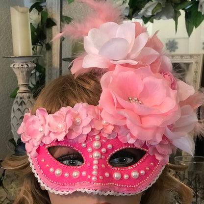 Pink Masquerade Mask: Handmade Rhinestone & Rose Party Mask