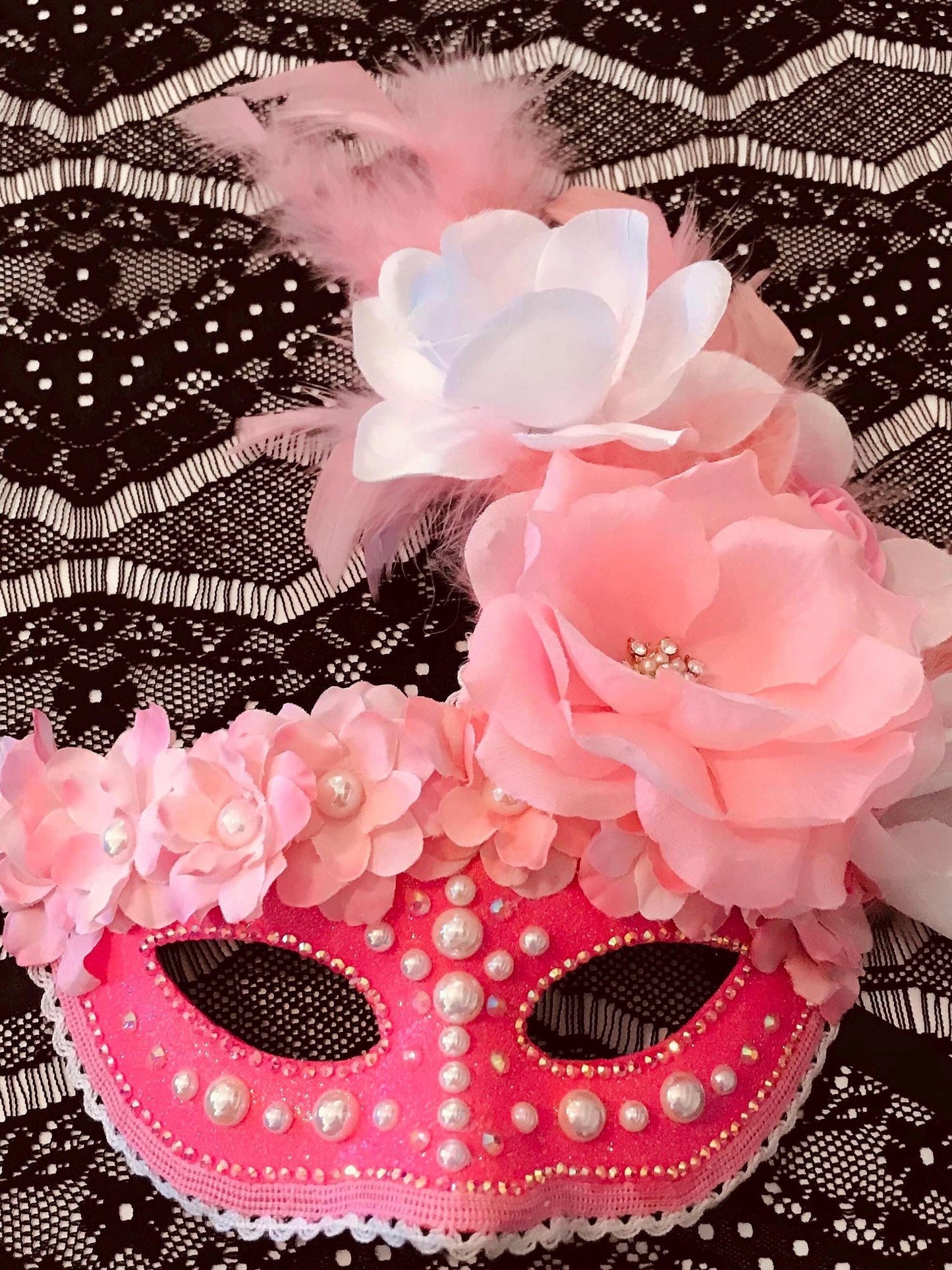 Pink Masquerade Mask: Handmade Rhinestone & Rose Party Mask