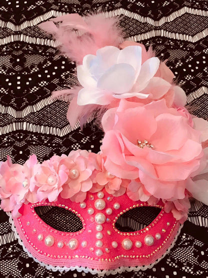Pink Masquerade Mask: Handmade Rhinestone & Rose Party Mask