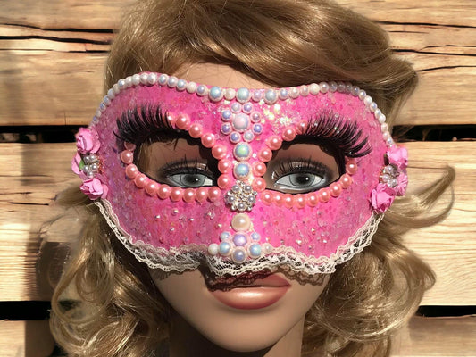 Pink Masquerade Mask: Handmade Pearl & Rose Party Mask