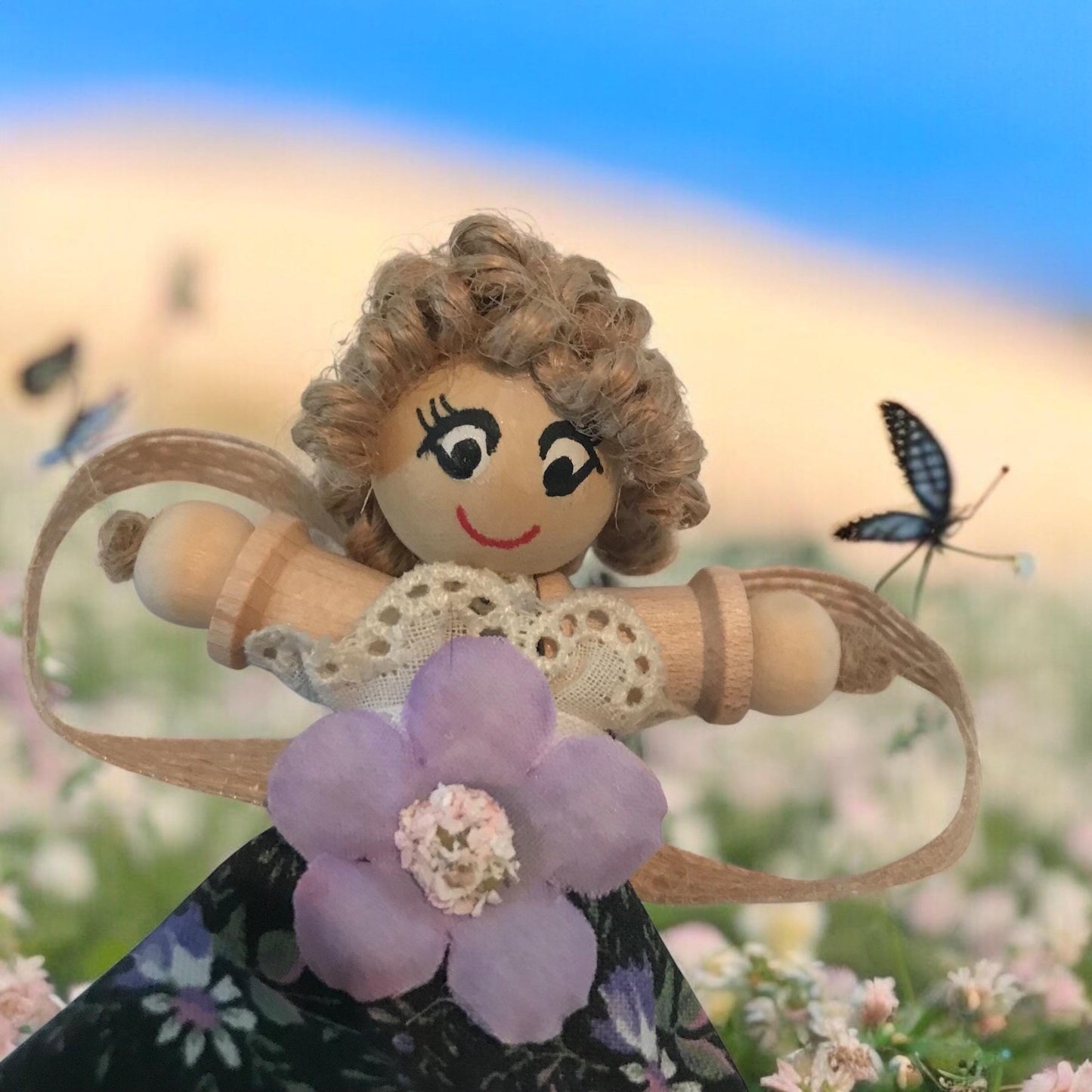 Cottage Fairy Magnet – Handmade Rustic Jute Hair Fairy Decor Wood