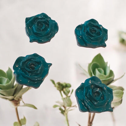 Handmade Clay Rose Magnet – Peacock Blue Green Floral Fridge Decor