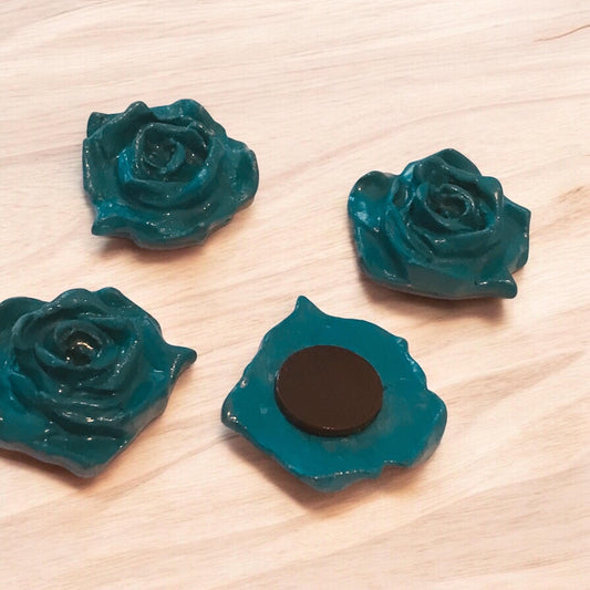 Handmade Clay Rose Magnet – Peacock Blue Green Floral Fridge Decor