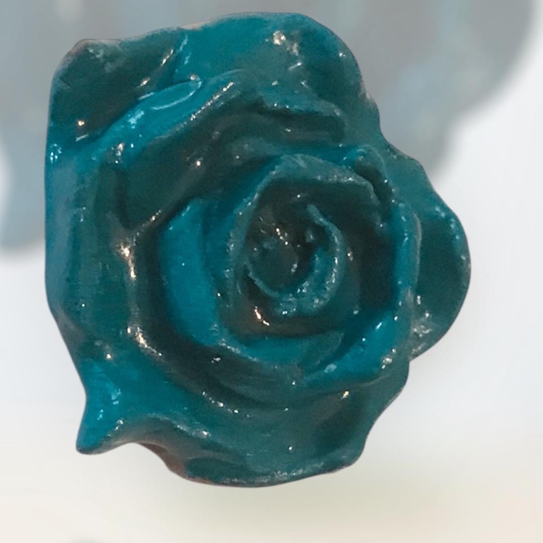Handmade Clay Rose Magnet – Peacock Blue Green Floral Fridge Decor