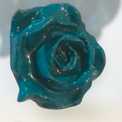 Handmade Clay Rose Magnet – Peacock Blue Green Floral Fridge Decor