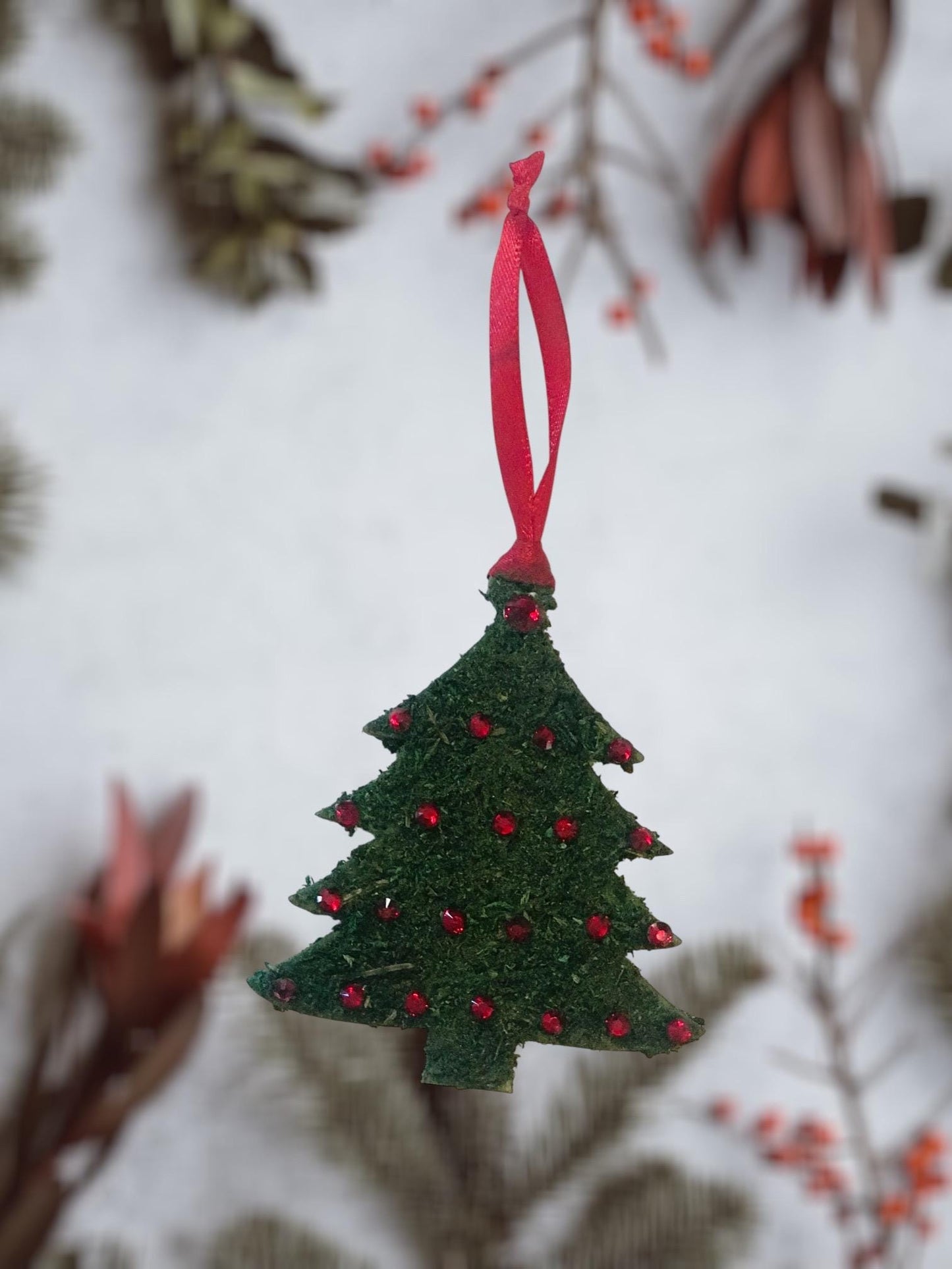 Moss Flocked Christmas Tree shaped Ornaments – Handmade Wood Ornament Red Rhinestones