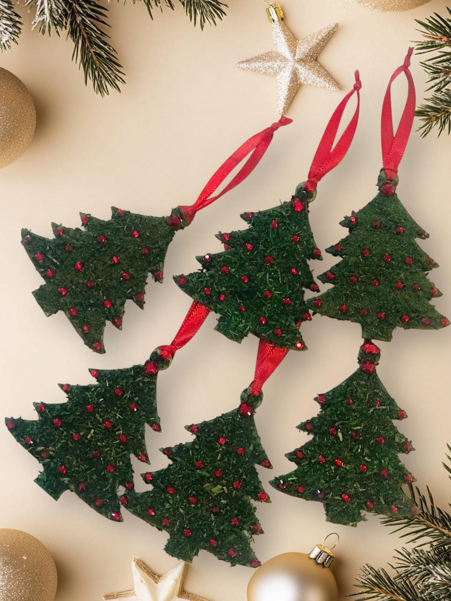 Moss Flocked Christmas Tree shaped Ornaments – Handmade Wood Ornament Red Rhinestones