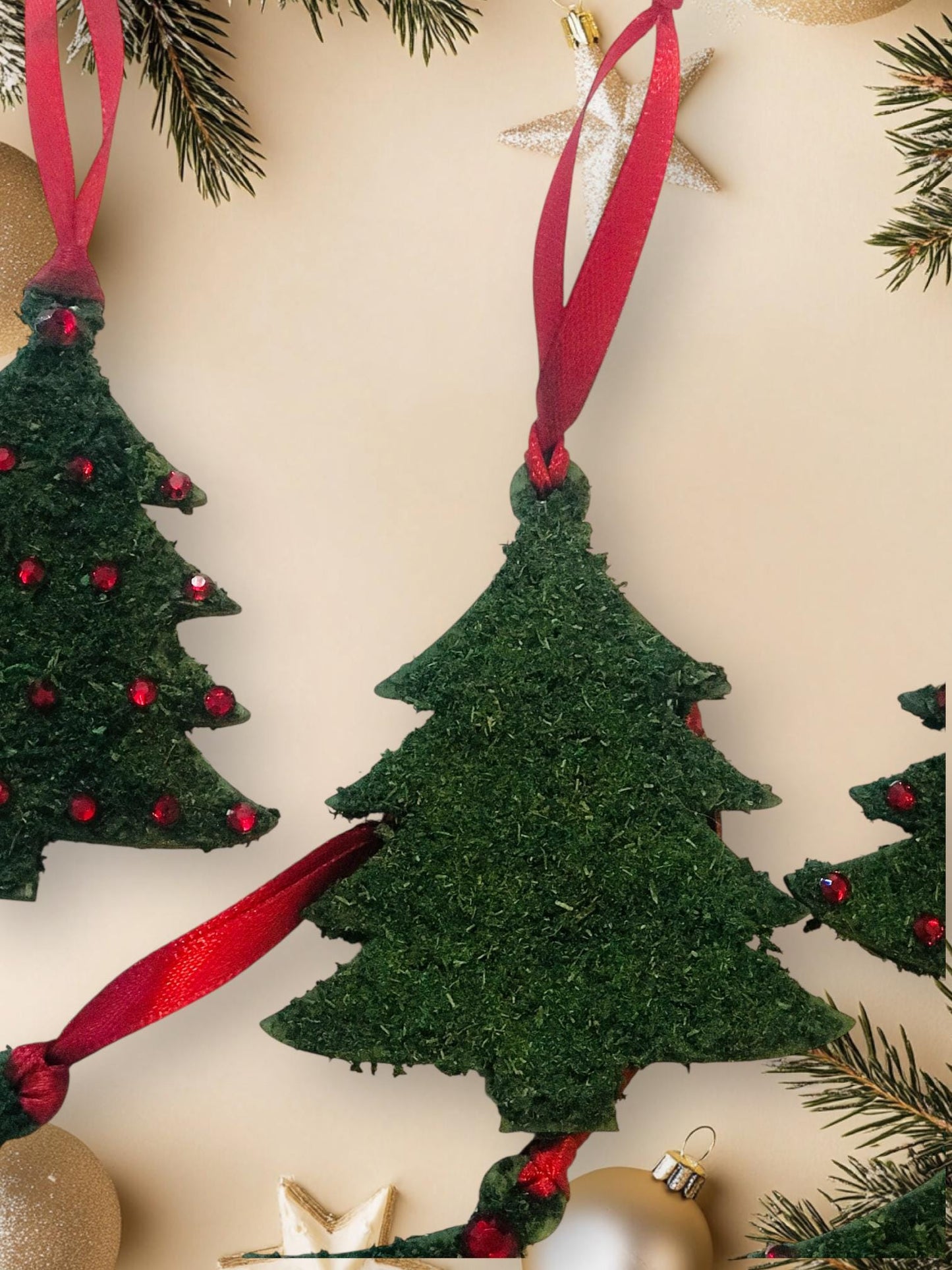 Moss Flocked Christmas Tree shaped Ornaments – Handmade Wood Ornament Red Rhinestones