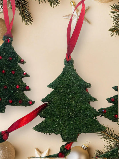 Moss Flocked Christmas Tree shaped Ornaments – Handmade Wood Ornament Red Rhinestones