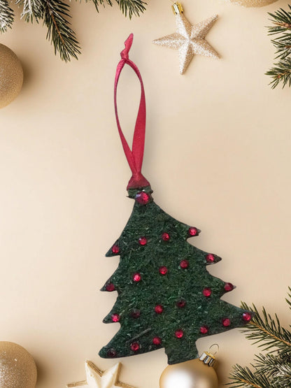 Moss Flocked Christmas Tree shaped Ornaments – Handmade Wood Ornament Red Rhinestones