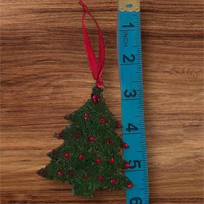 Moss Flocked Christmas Tree shaped Ornaments – Handmade Wood Ornament Red Rhinestones