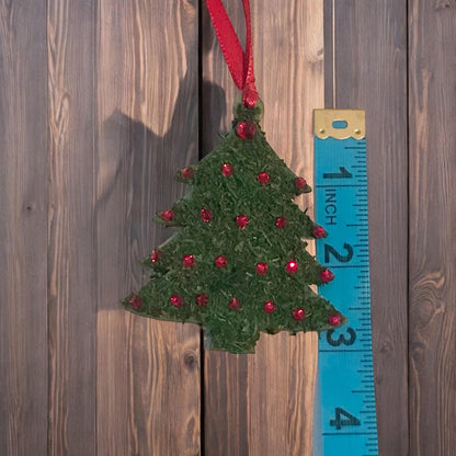 Moss Flocked Christmas Tree shaped Ornaments – Handmade Wood Ornament Red Rhinestones