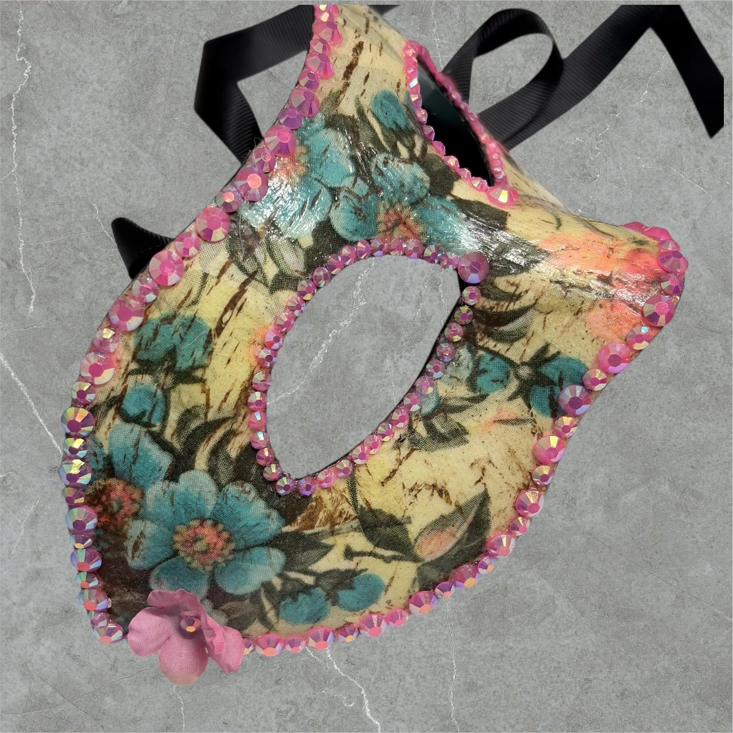 Floral Masquerade Mask, Handmade Paper Mache, Rhinestone Venetian Inspired Mask