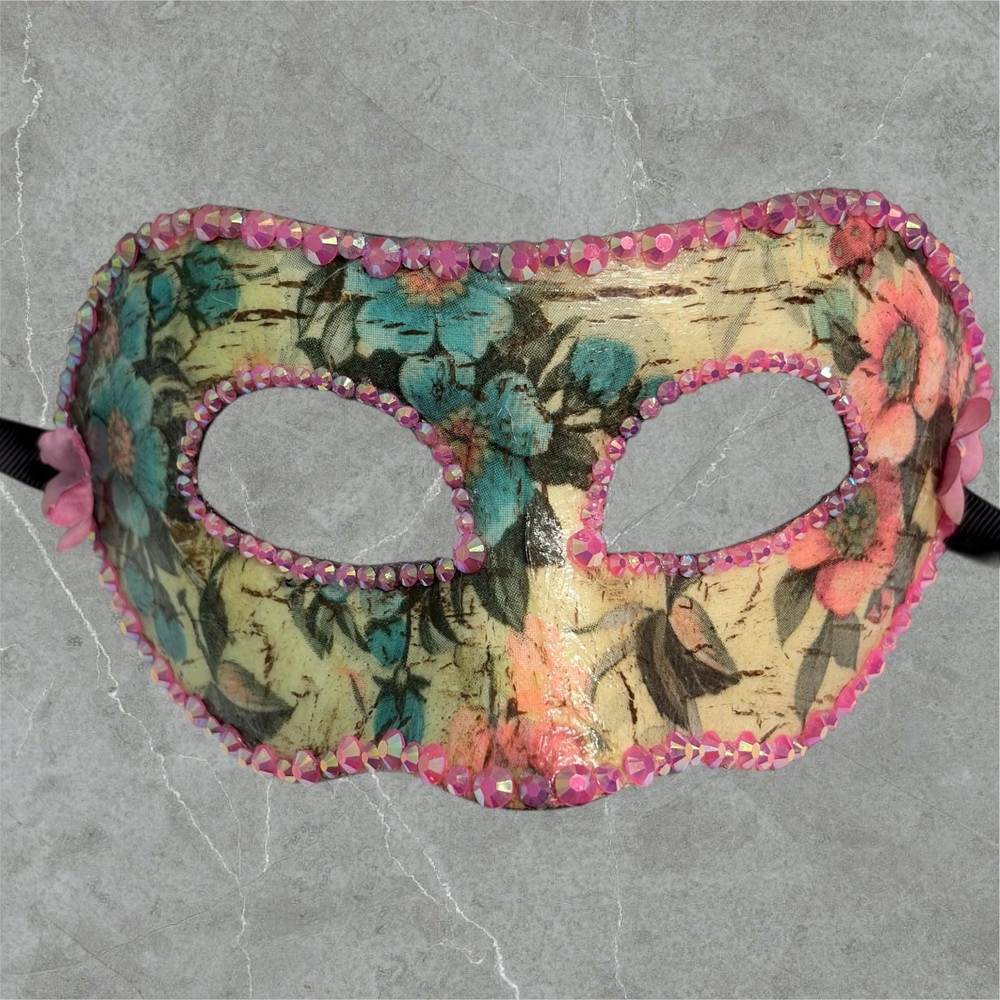 Floral Masquerade Mask, Handmade Paper Mache, Rhinestone Venetian Inspired Mask