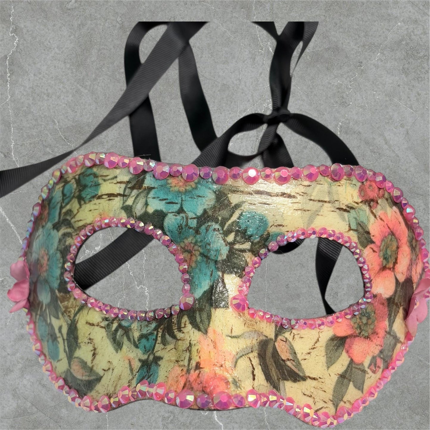 Floral Masquerade Mask, Handmade Paper Mache, Rhinestone Venetian Inspired Mask