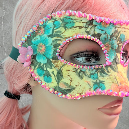 Floral Masquerade Mask, Handmade Paper Mache, Rhinestone Venetian Inspired Mask