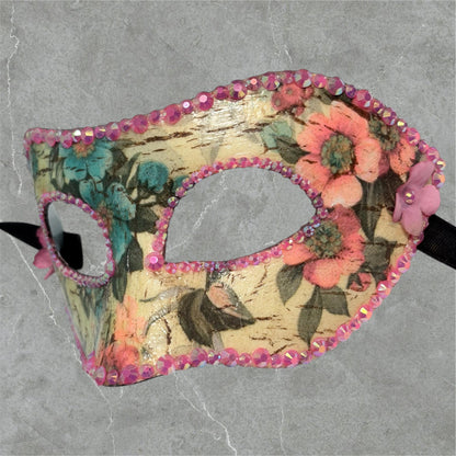 Floral Masquerade Mask, Handmade Paper Mache, Rhinestone Venetian Inspired Mask