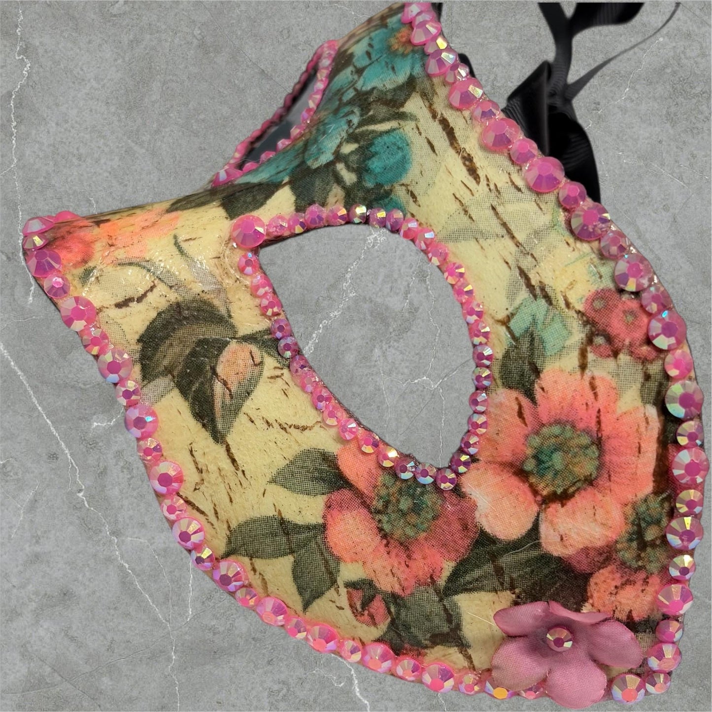Floral Masquerade Mask, Handmade Paper Mache, Rhinestone Venetian Inspired Mask
