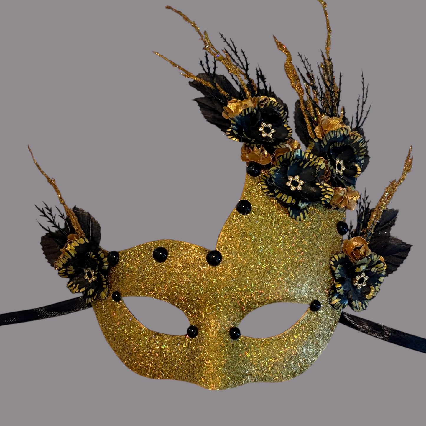 Golden Woodland Masquerade Mask – Glitter, Black Flowers, faux black pearl, Paper Mache