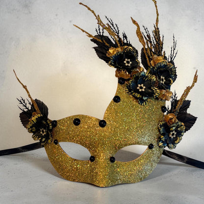 Golden Woodland Masquerade Mask – Glitter, Black Flowers, faux black pearl, Paper Mache