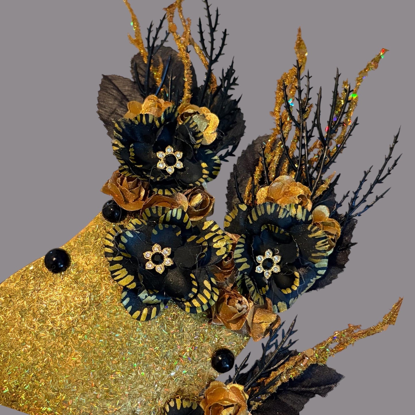 Golden Woodland Masquerade Mask – Glitter, Black Flowers, faux black pearl, Paper Mache
