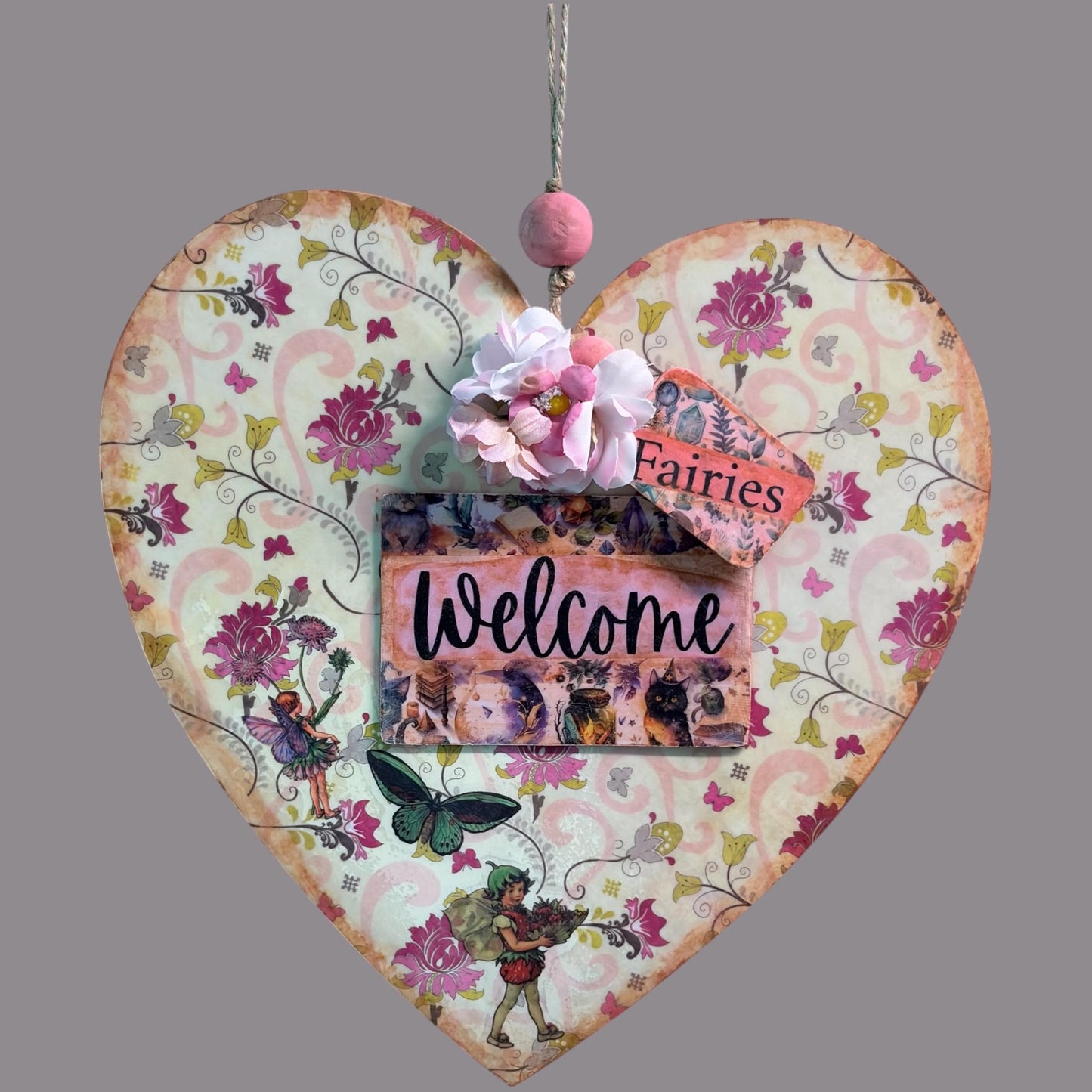 Handmade Fairy Welcome Heart Wall Hanging - Shabby Chic Decoupage Fairy Garden Decor