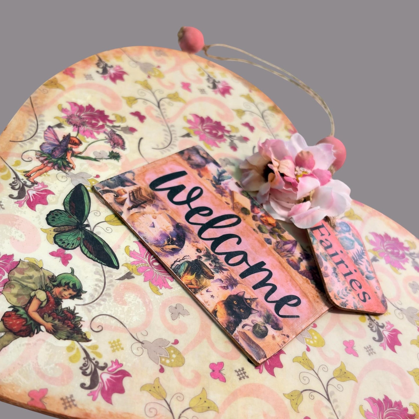 Handmade Fairy Welcome Heart Wall Hanging - Shabby Chic Decoupage Fairy Garden Decor